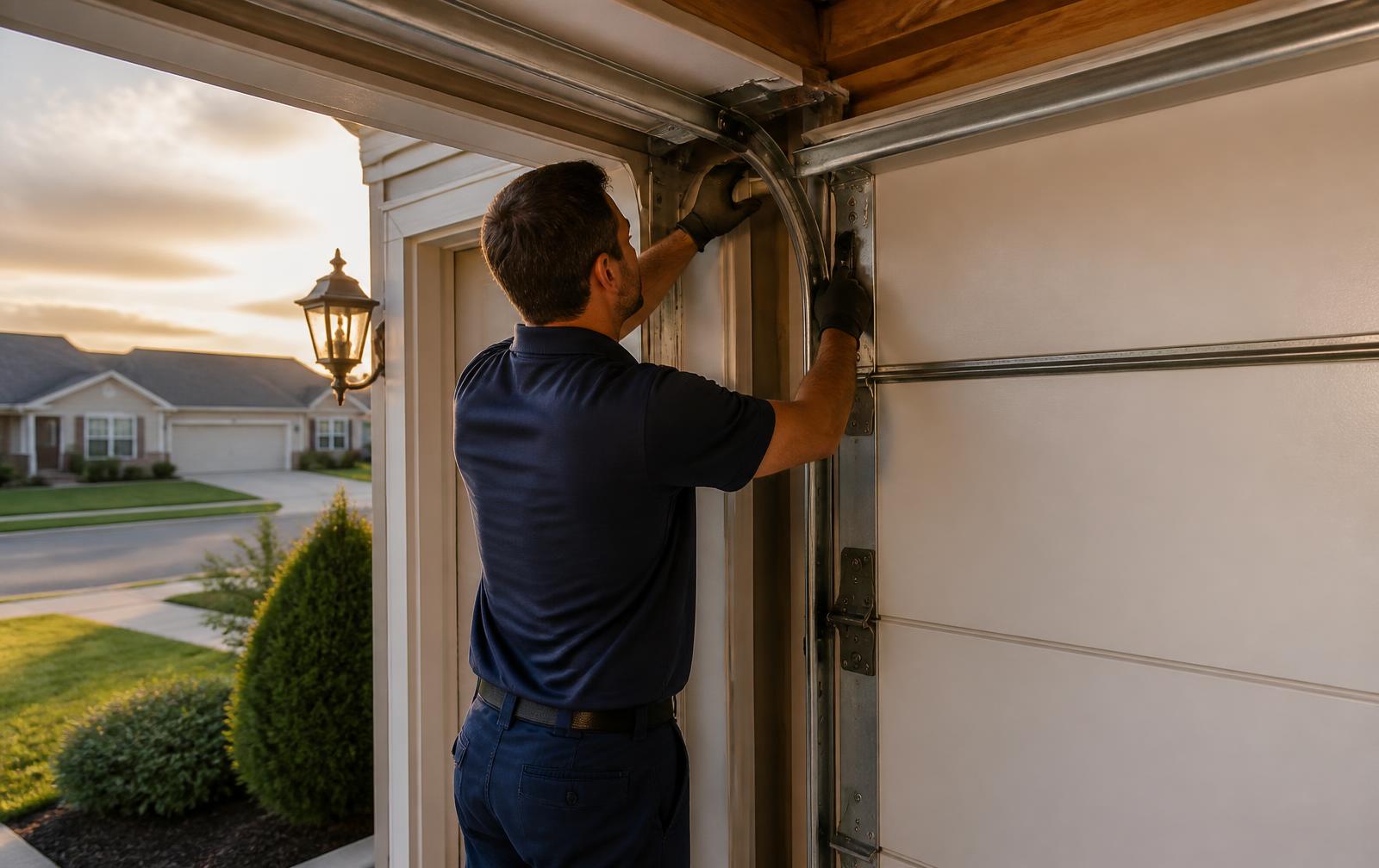 Garage door technician adjusting the track and hardware of a residential sectional garage door